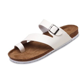 2019 summer popular cheap women plus size cork slippers pure color leather multi buckle strap women slide cork slippers